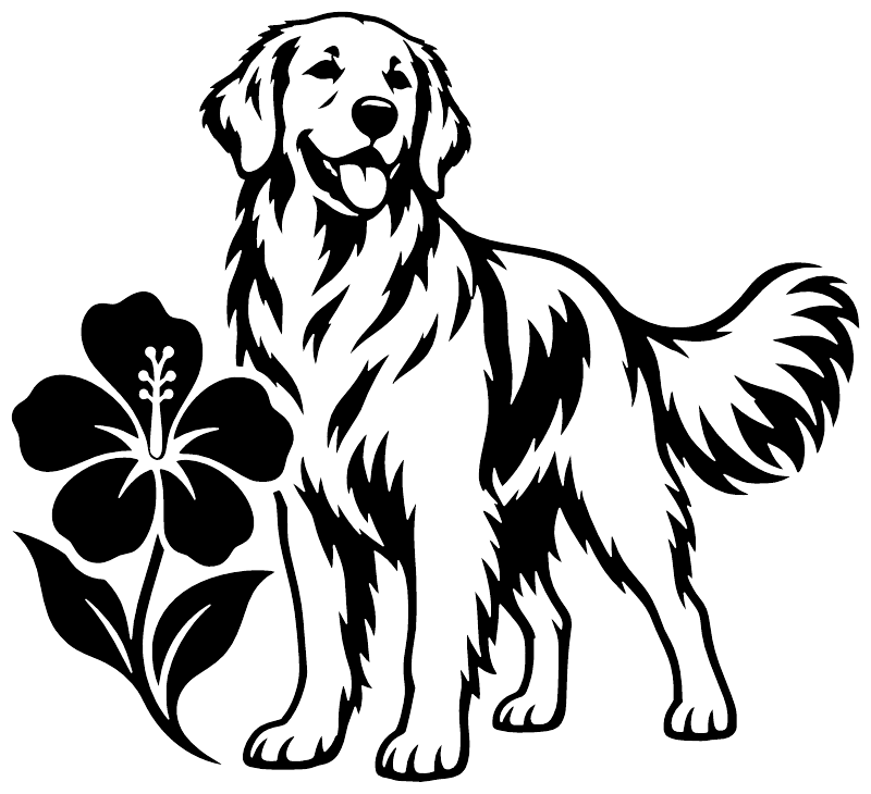 Black and white golden retriever vinyl decal with flower and leaves