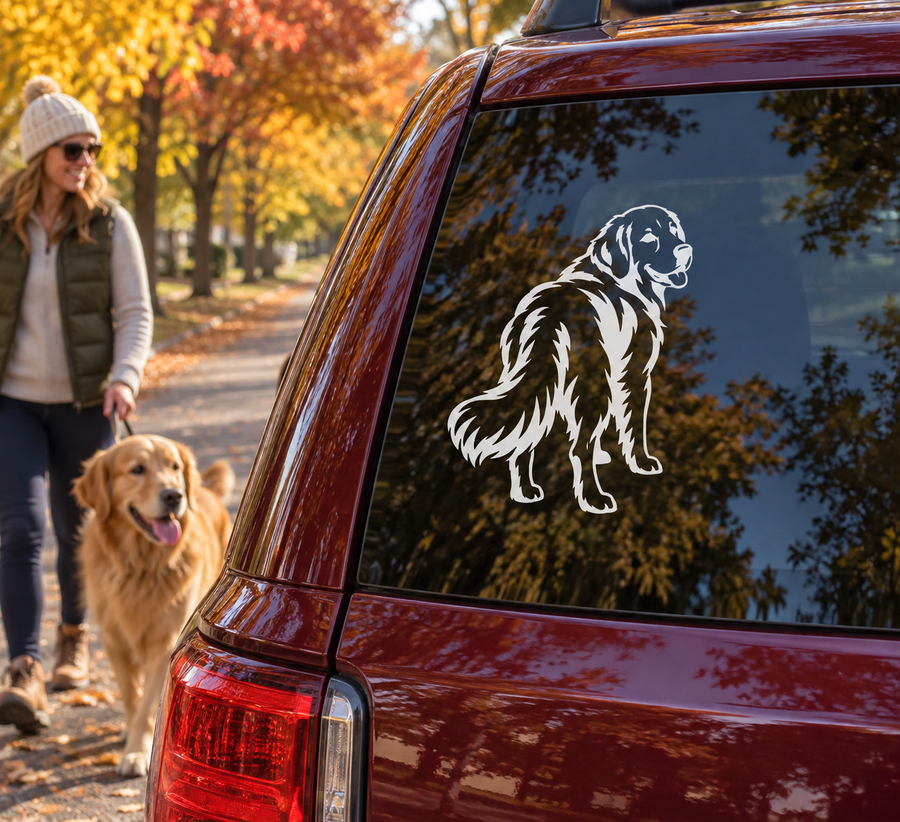 Vinyl golden retriever tail decal on car rear window in white outline