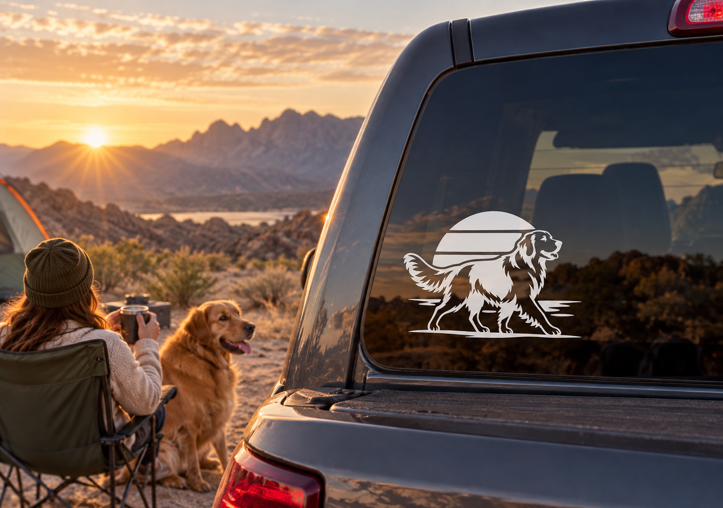 Golden Retriever vinyl decal on car rear window, white outline dog standing