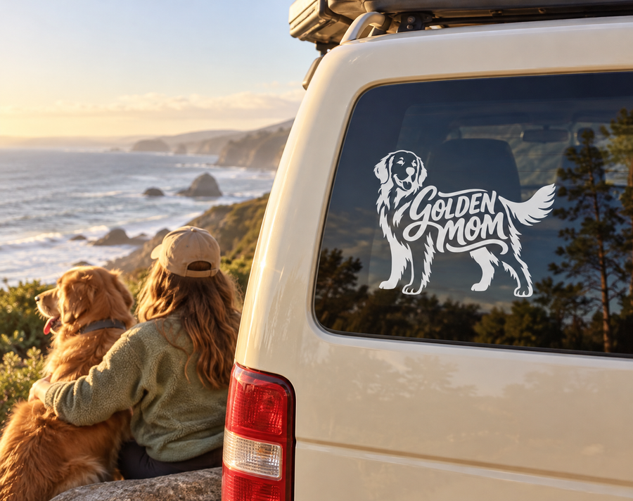 Golden mom golden retriever vinyl decal on car window, white and black