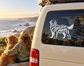 Golden mom golden retriever vinyl decal on car window, white and black