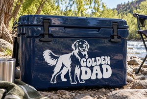 Golden retriever and "Golden Dad" vinyl decal, white graphic on dark surface