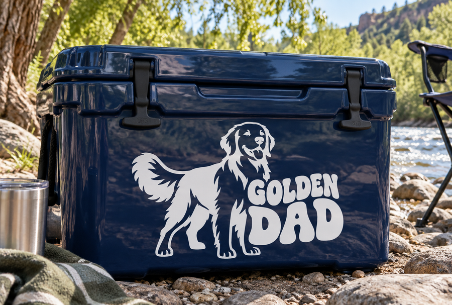 Golden retriever and "Golden Dad" vinyl decal, white graphic on dark surface