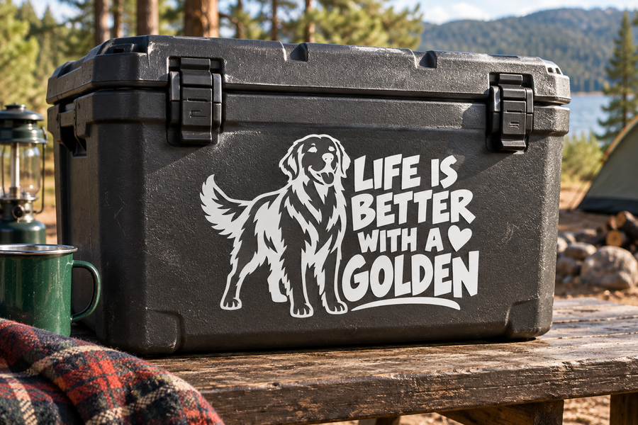 Golden vinyl decal featuring a golden retriever with 'Life is Better With a Golden' text.