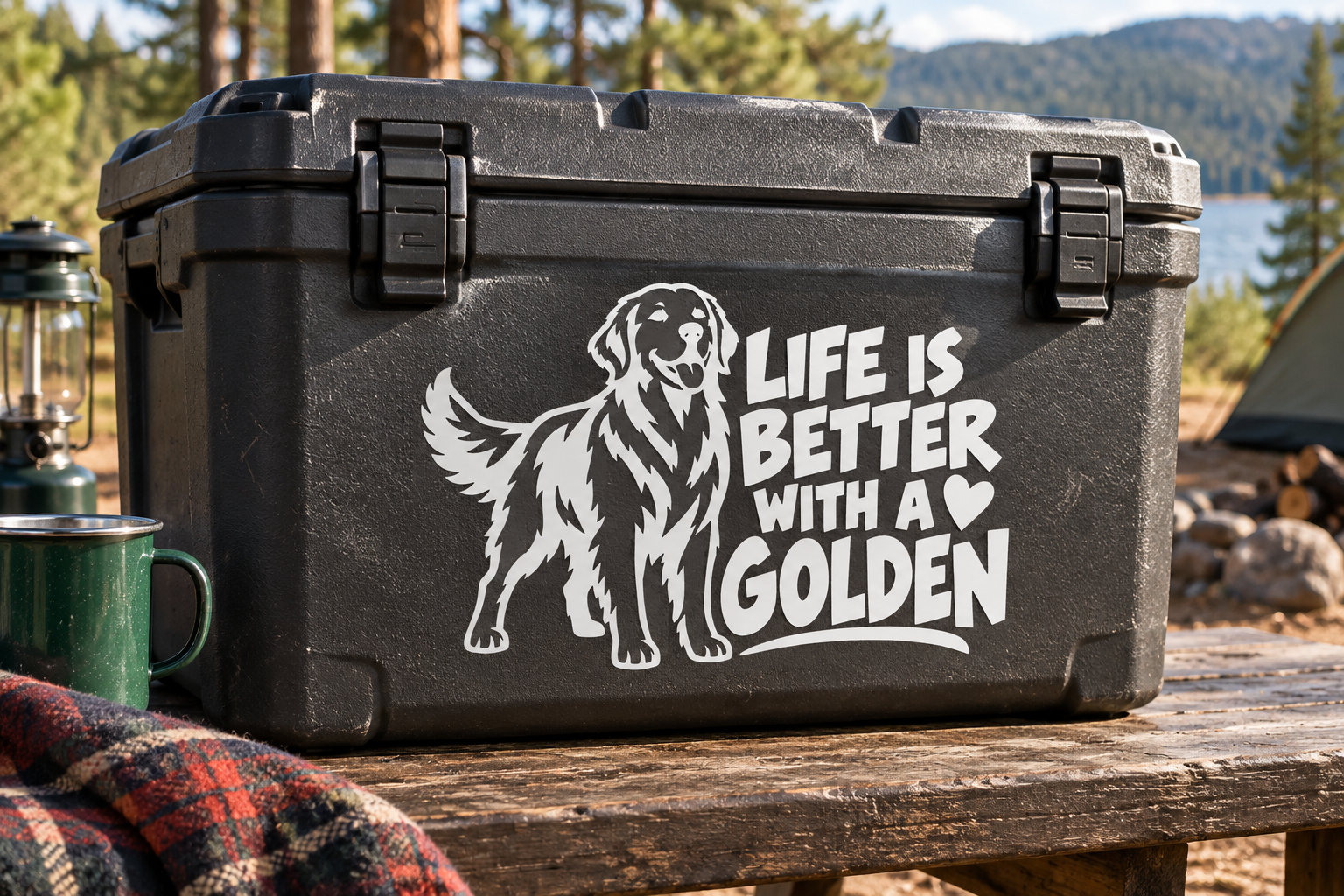 Golden vinyl decal featuring a golden retriever with 'Life is Better With a Golden' text.