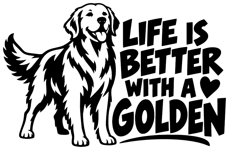Golden vinyl decal close-up with golden retriever and 'LIFE IS BETTER WITH A GOLDEN' text.