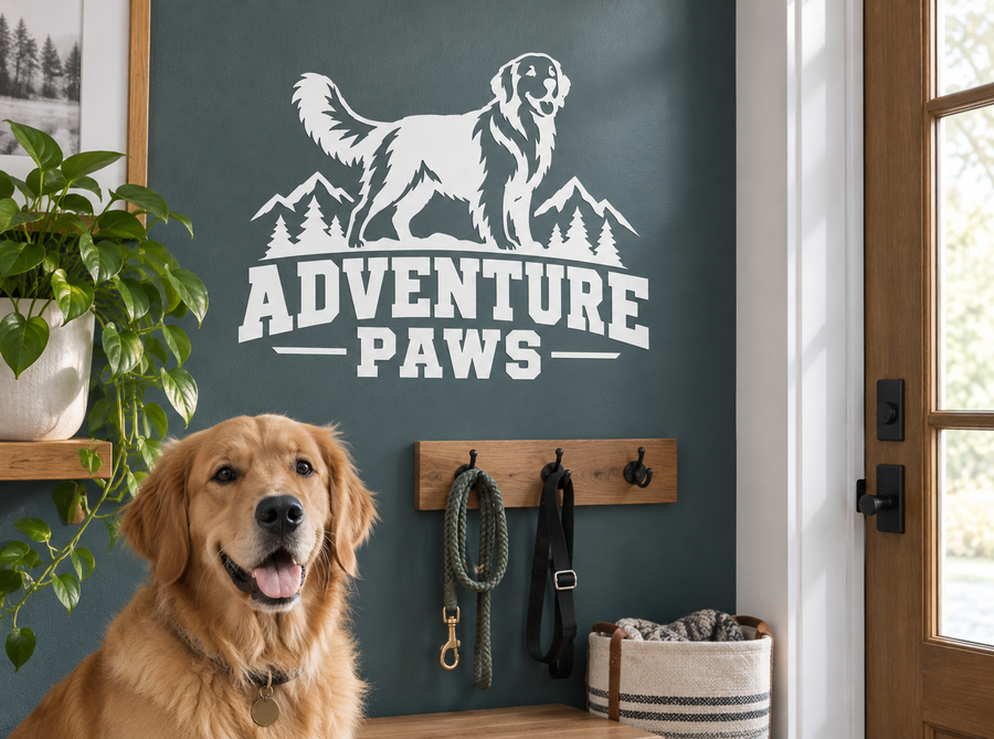 Golden Retriever Adventure Paws vinyl decal with dog silhouette and mountain text