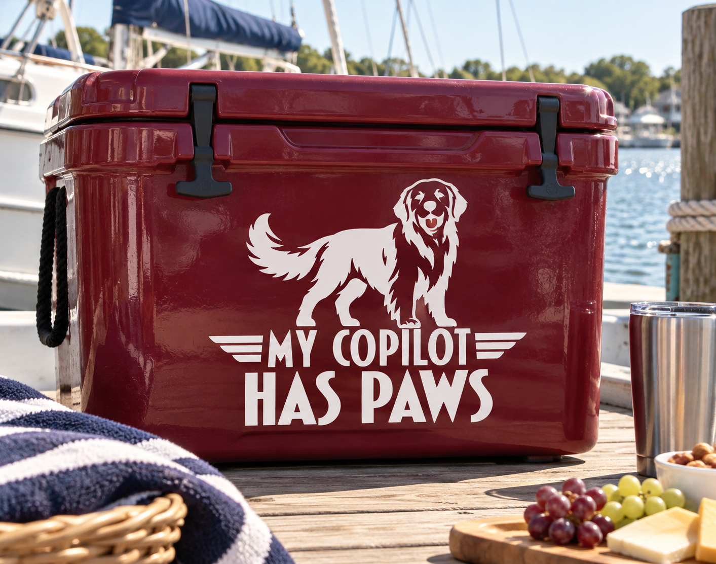 Vinyl decal of a golden retriever with wings and the text “My Copilot Has Paws”.
