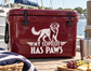 Vinyl decal of a golden retriever with wings and the text “My Copilot Has Paws”.