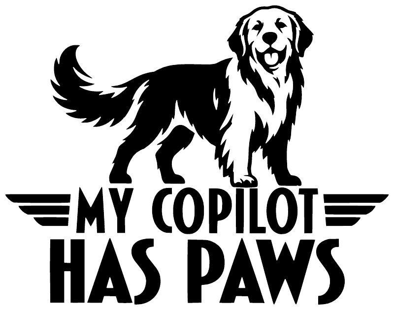 Black-and-white vinyl decal graphic: golden retriever, wings, and “My Copilot Has Paws” text.