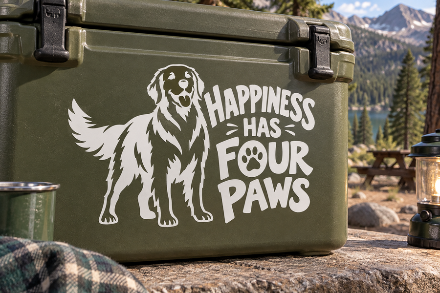 White vinyl decal with golden retriever dog and text “Happiness Has Four Paws”