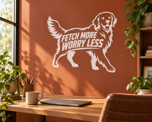 White golden retriever vinyl decal with “Fetch More Worry Less” text