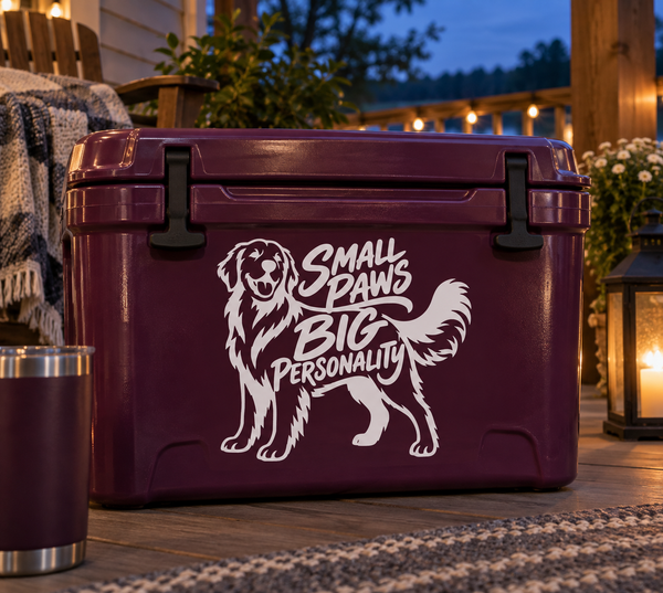 White golden retriever vinyl decal on maroon surface with 'Small Paws Big Personality' text