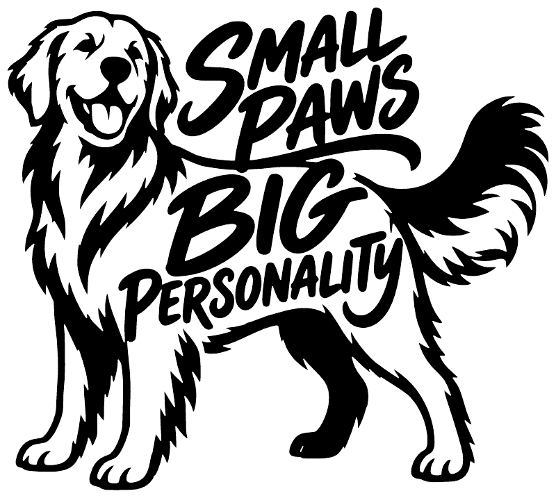 Black golden retriever vinyl decal with 'Small Paws Big Personality' lettering