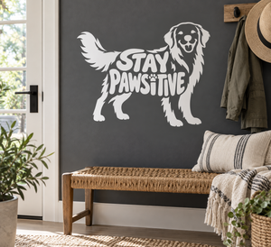 Golden retriever vinyl decal with STAY PAWSITIVE text