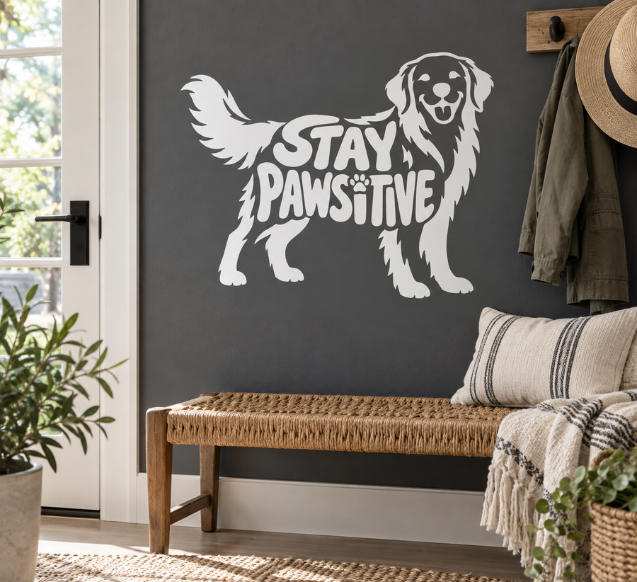Golden retriever vinyl decal with STAY PAWSITIVE text