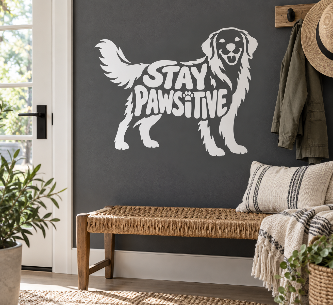 Golden retriever vinyl decal with STAY PAWSITIVE text