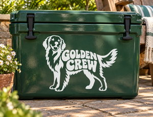 Golden retriever vinyl decal with “GOLDEN CREW” text on a green surface