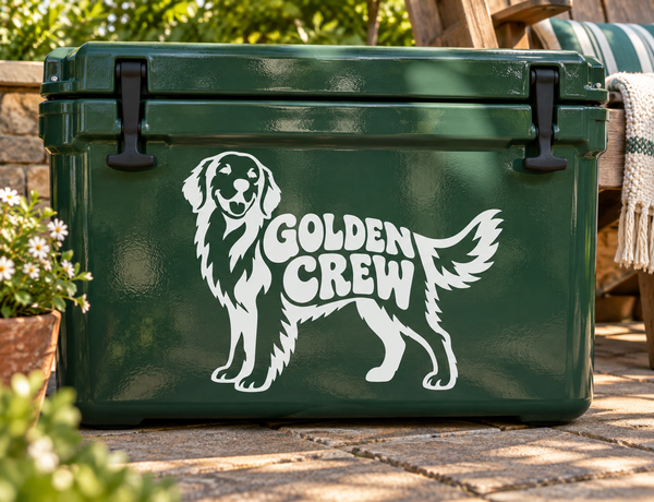 Golden retriever vinyl decal with “GOLDEN CREW” text on a green surface
