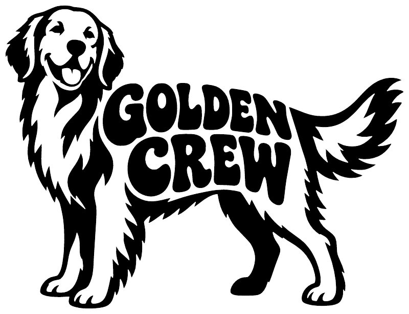 Golden retriever vinyl decal featuring “GOLDEN CREW” lettering in black and white