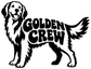 Golden retriever vinyl decal featuring “GOLDEN CREW” lettering in black and white