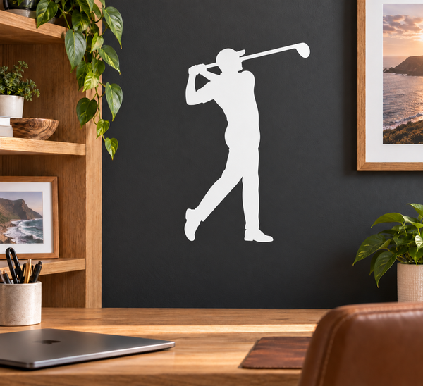 Golf golfer vinyl decal, white silhouette swinging club on dark surface