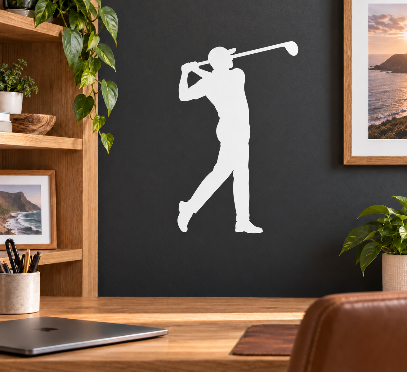 Golf golfer vinyl decal, white silhouette swinging club on dark surface