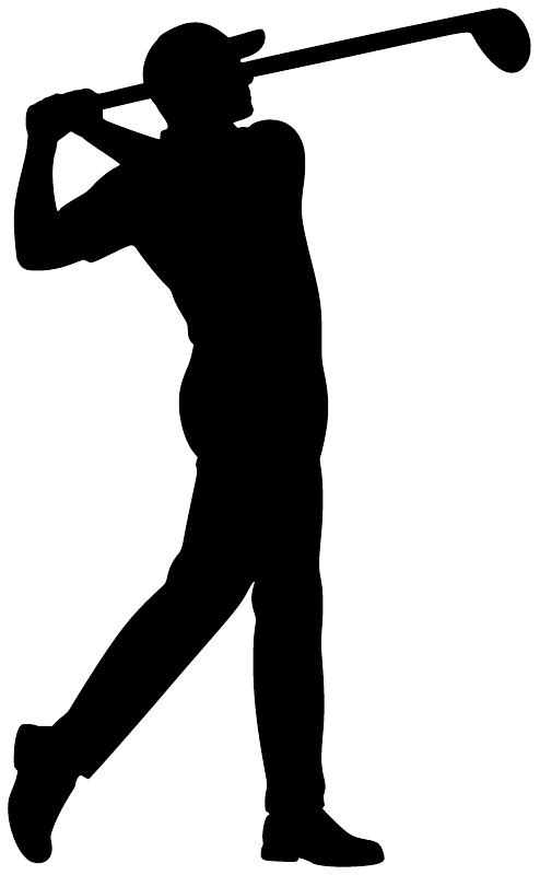 Golf golfer vinyl decal silhouette, black figure holding long club on white