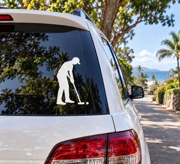 Golf putting vinyl decal with white golfer silhouette on car window