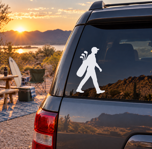Golf fairway walk vinyl decal, black golfer silhouette on car window