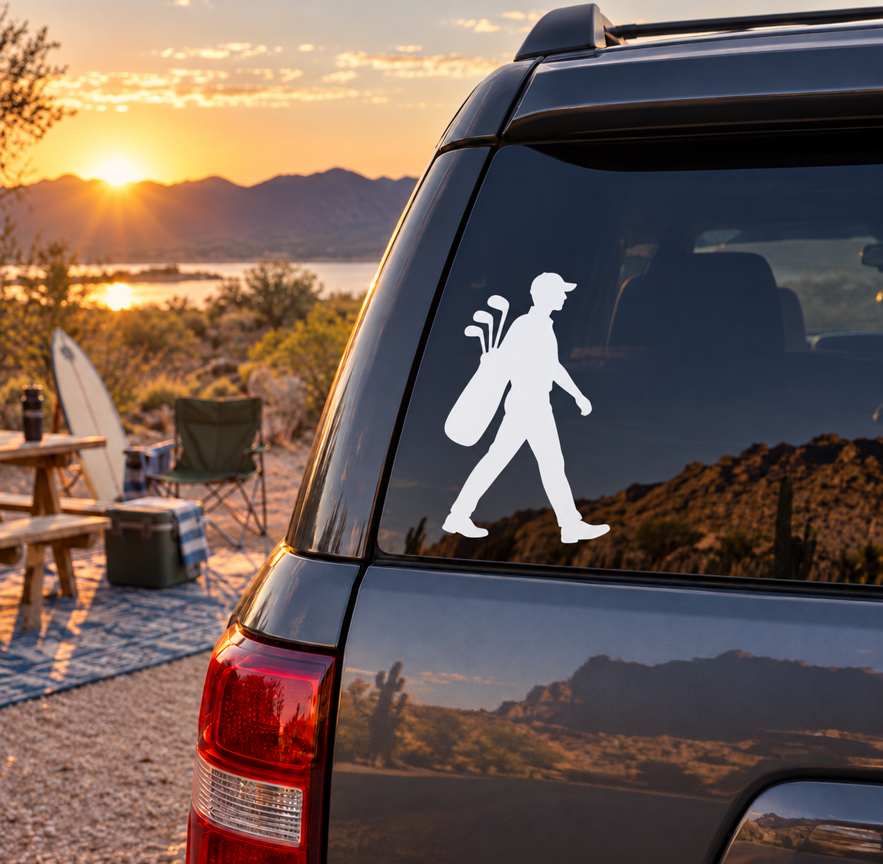 Golf fairway walk vinyl decal, black golfer silhouette on car window