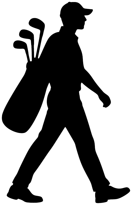 Golf fairway walk vinyl decal, black golfer silhouette with club and ball bag