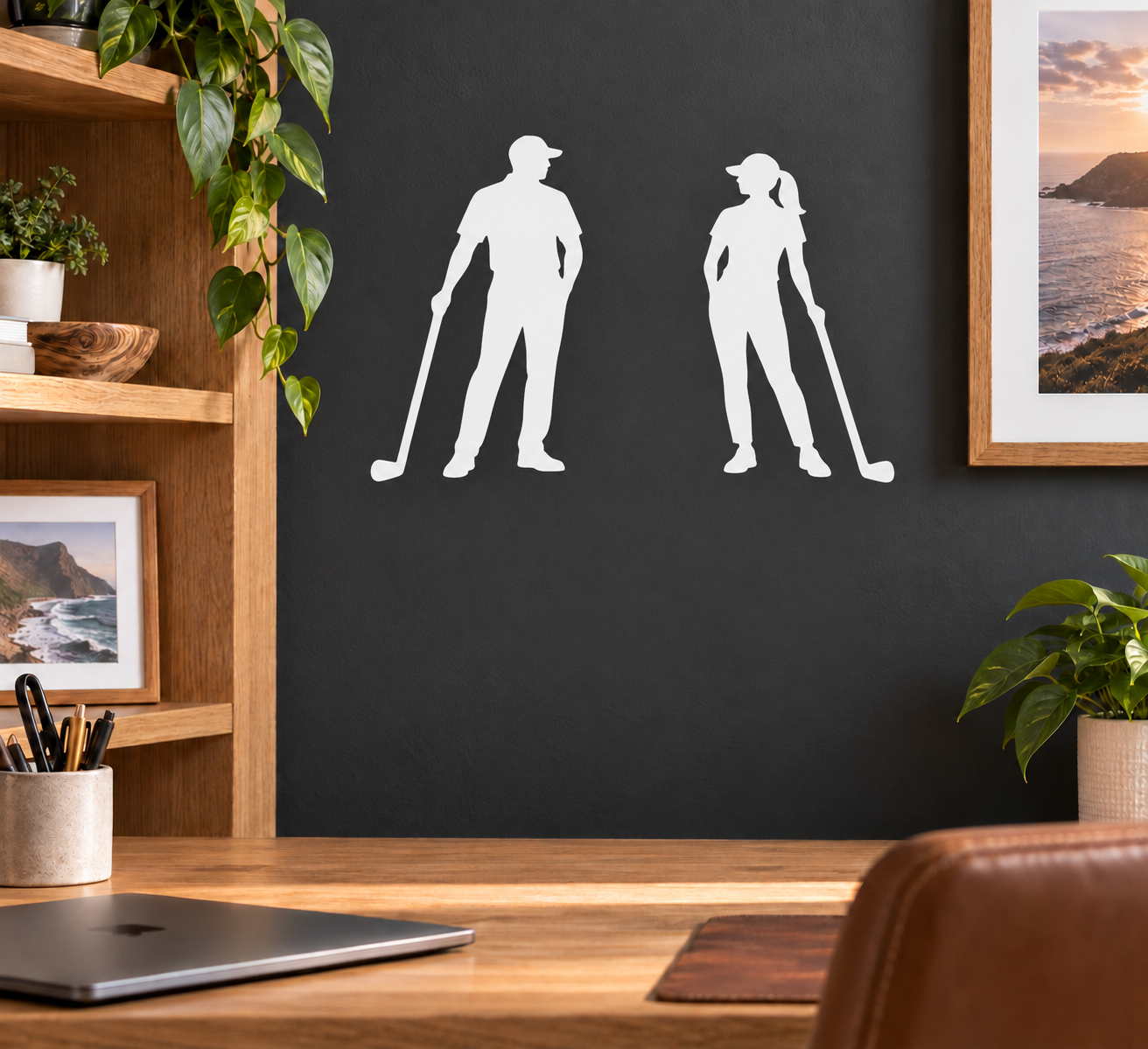 Pair of golf weekend vinyl decals with white golfer silhouette figures holding clubs