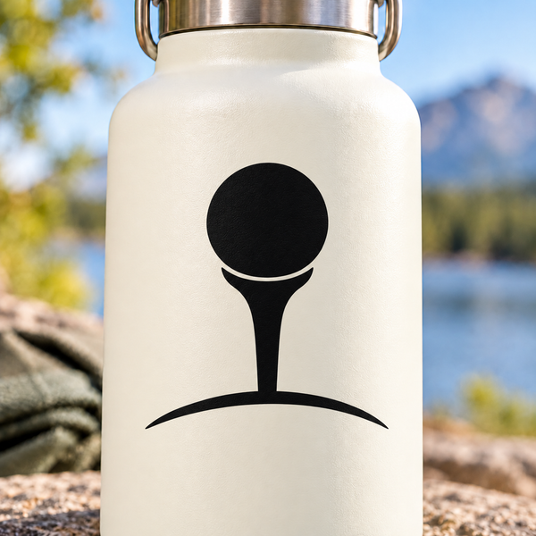 Black golf tee icon vinyl decal on pale surface, circular head with tee silhouette