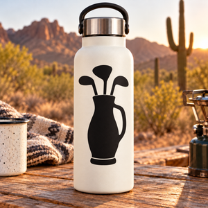 Golf bag vinyl decal sticker on white bottle with black bag icon
