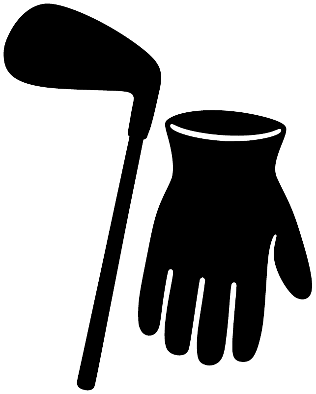 Golf club and glove vinyl decal, black club and glove icons on white