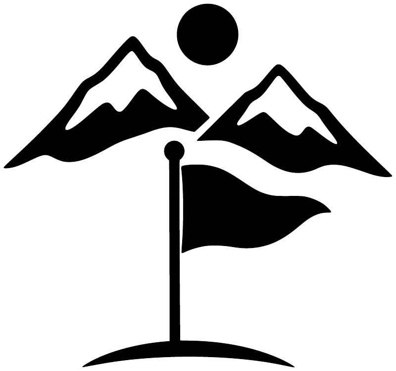Golf mountain flag vinyl decal graphic with flag, mountains, and sun in black and white