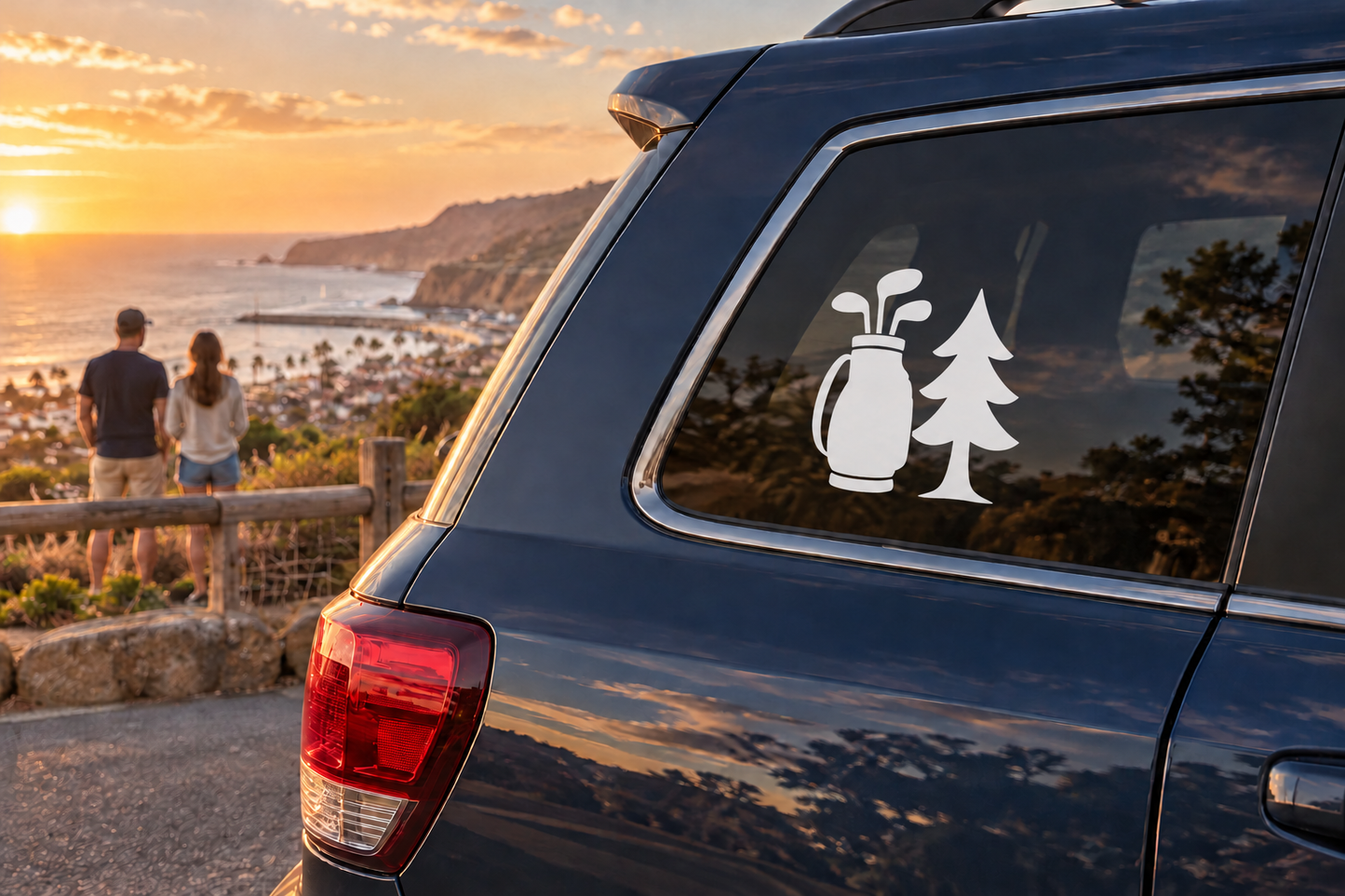 Golf theme vinyl decal on car rear window, bottle icon with pine tree