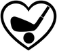 Black golf heart vinyl decal icon: heart outline, angled club, small ball circle