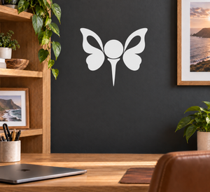 Golf butterfly vinyl decal, white butterfly and club center on dark surface