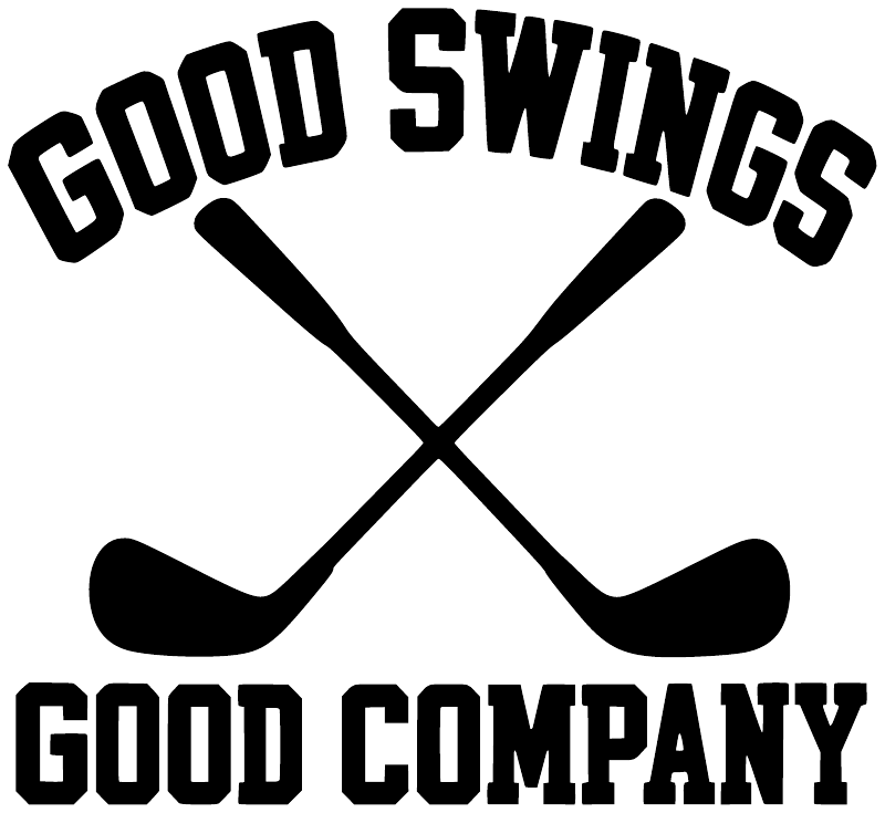 Close-up vinyl golf decal: “GOOD SWINGS” over crossed clubs, “GOOD COMPANY” below.