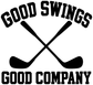 Close-up vinyl golf decal: “GOOD SWINGS” over crossed clubs, “GOOD COMPANY” below.