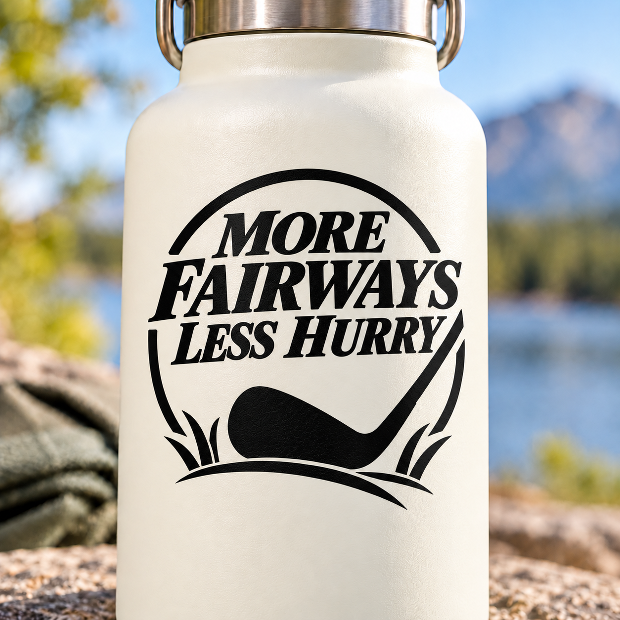 Golf vinyl decal with black “MORE FAIRWAYS LESS HURRY” text and golf ball graphic