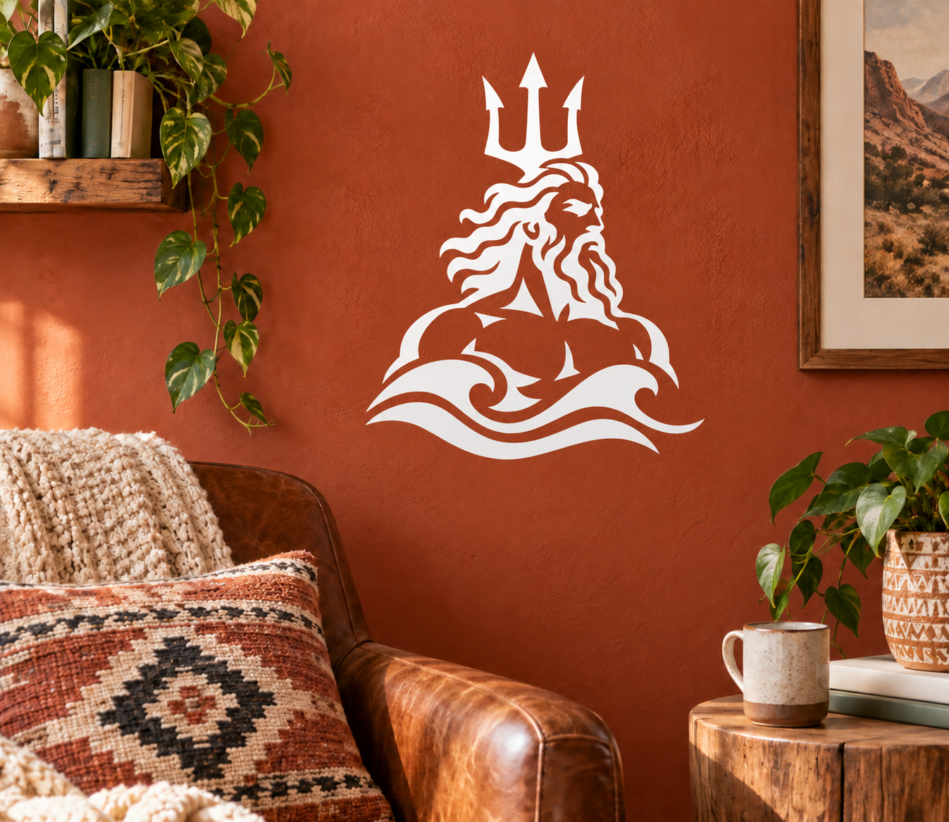 White vinyl decal of Poseidon with trident and flowing wave crown.