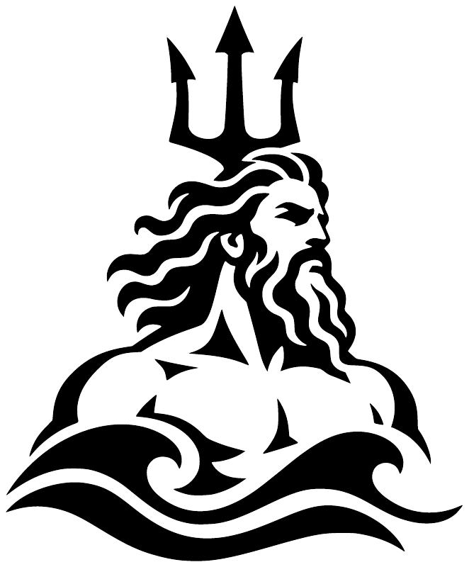Black vinyl decal of bearded Poseidon with trident and wave crown.