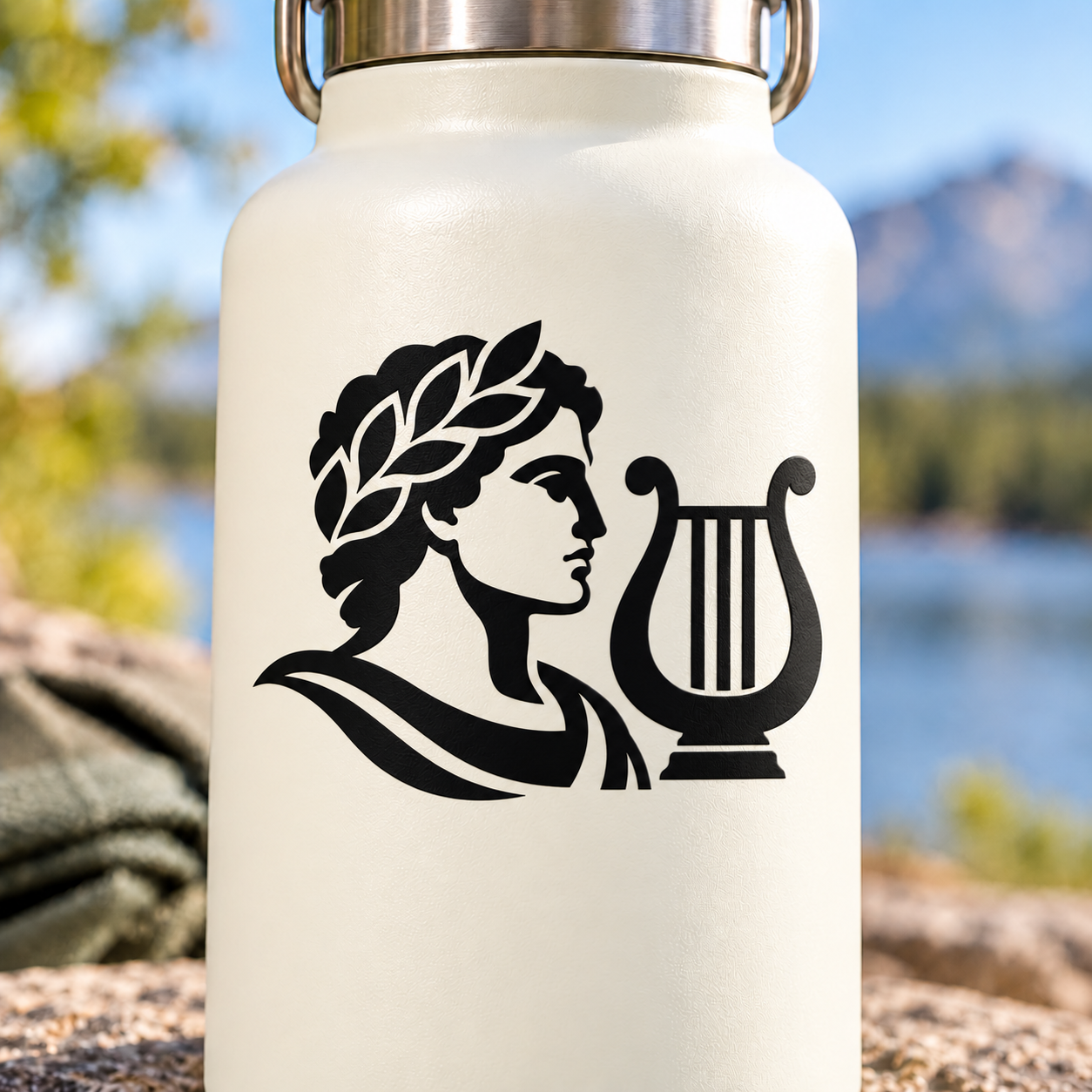 Vinyl decal with black laurel-crowned woman silhouette and lyre