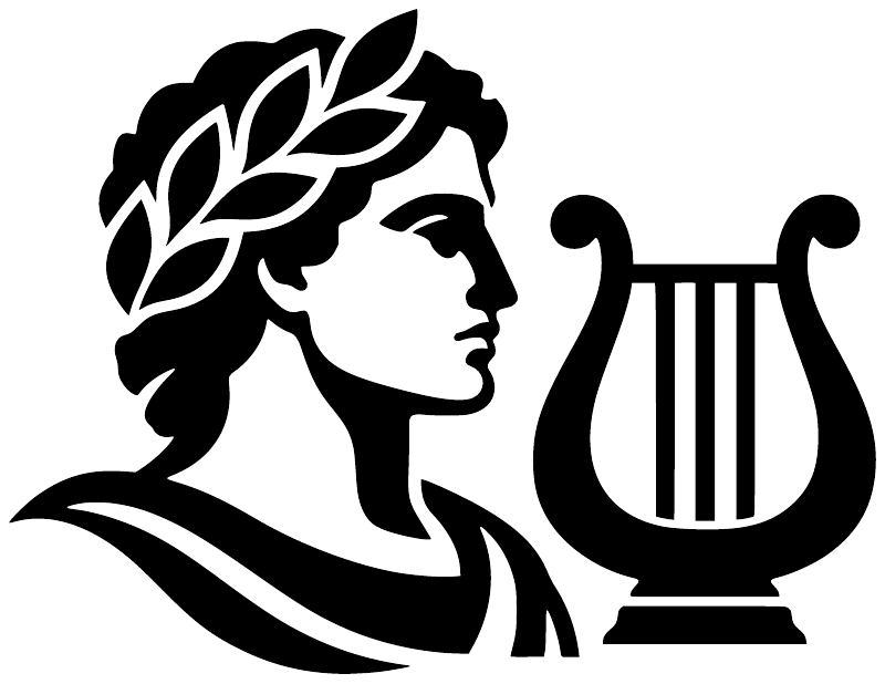 Vinyl decal close-up of black laurel-crowned woman profile with lyre