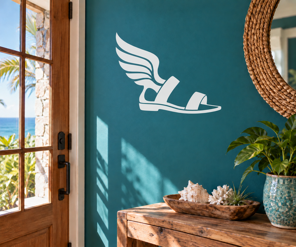 Winged sandal vinyl decal, white Greek-style emblem with wings and shoe