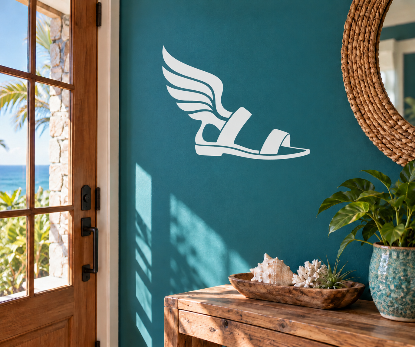 Winged sandal vinyl decal, white Greek-style emblem with wings and shoe