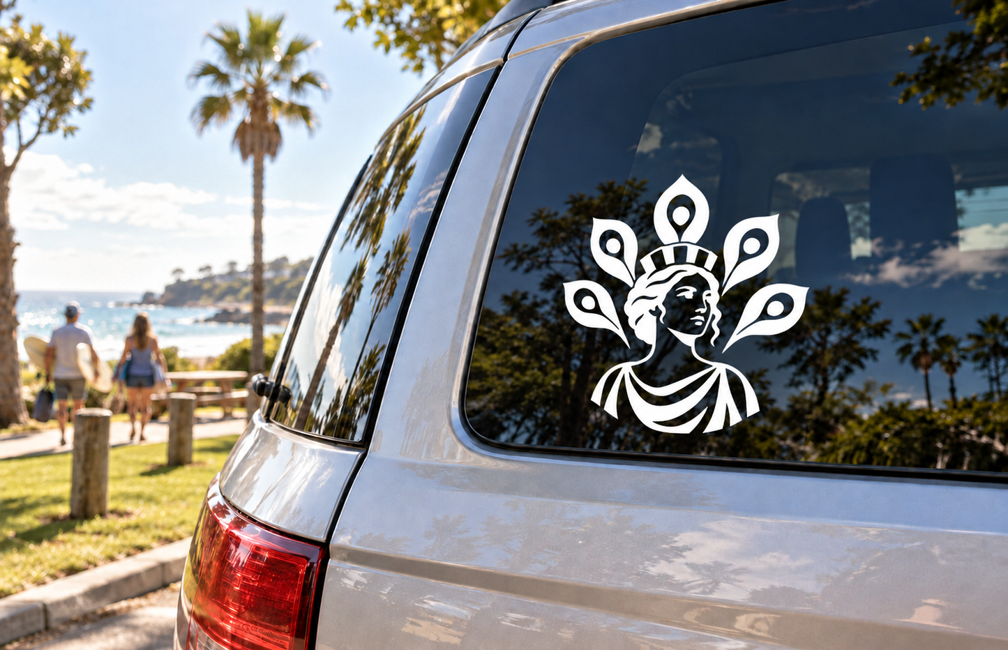 Hera peacock crest vinyl decal in white on car rear window